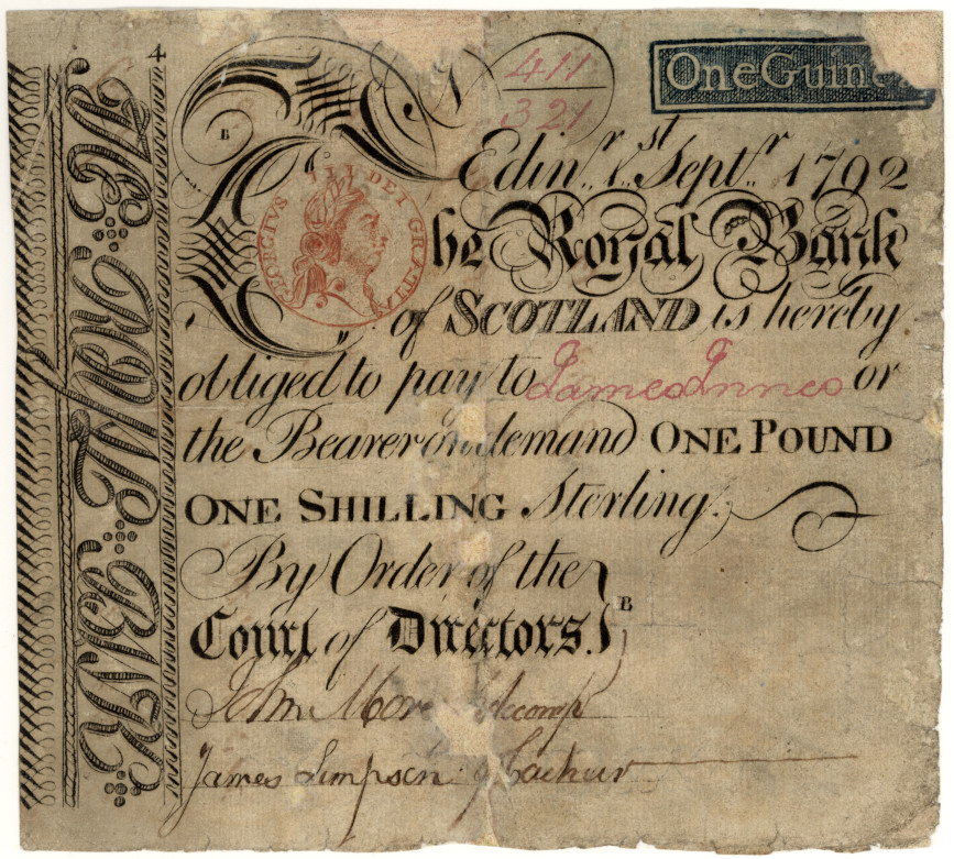 One guinea note of the Royal Bank of Scotland, 1792 One guinea note of the Royal Bank of Scotland, 1792