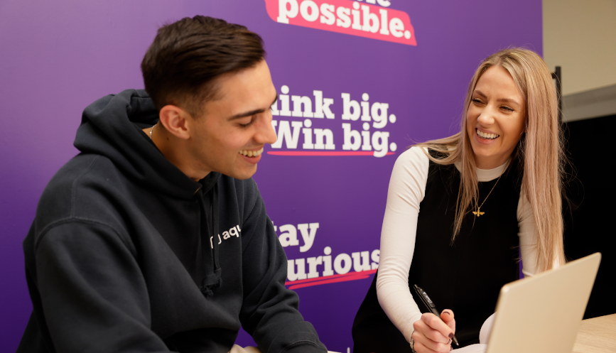 Jayden Patel (left) working with NWG Accelerator Manager Jess Grocutt (right).