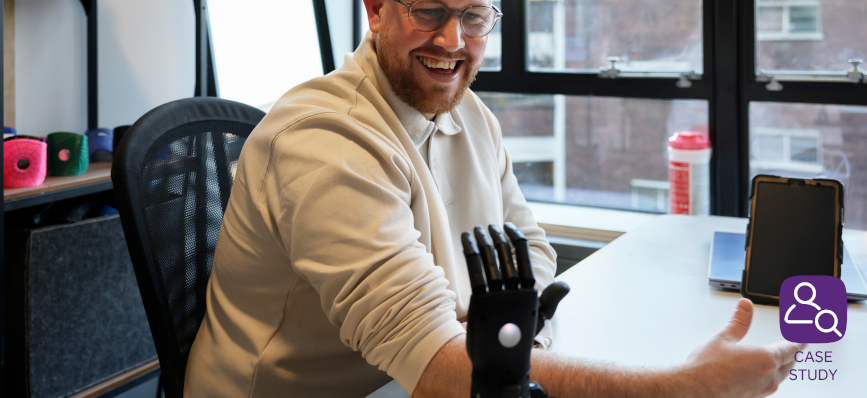 NWG Relationship Manager Louis Spence trialling a bionic arm (left) meeting Damian Axford, CTO of Open Bionics (right).