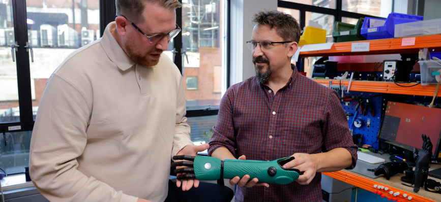 NWG Relationship Manager Louis Spence (left) meeting Damian Axford, CTO of Open Bionics (right). 