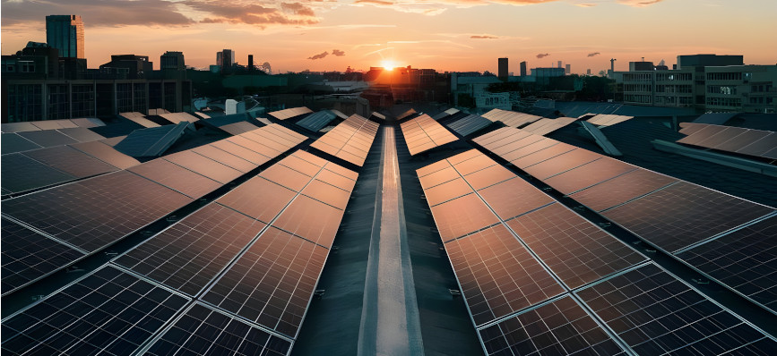 A shot of solar panels on the roof of buildings, with a skyline of other building and a sunset sky in the background