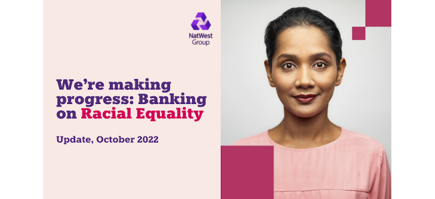 Text "We're making progress: Banking on racial equality"