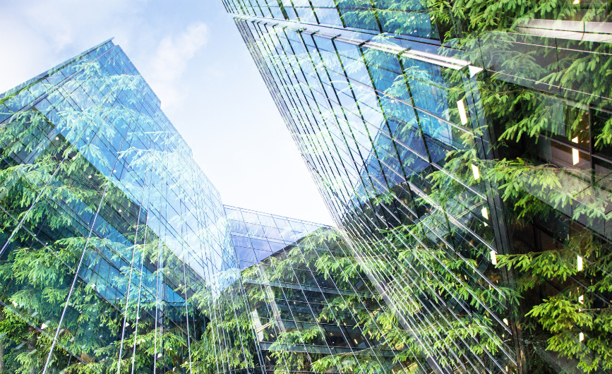 Glass building reflecting trees Glass building reflecting trees
